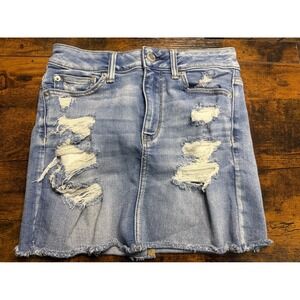 American Eagle Denim Skirt Womens 4 Blue Distressed Hi-Rise Mini Raw Hem